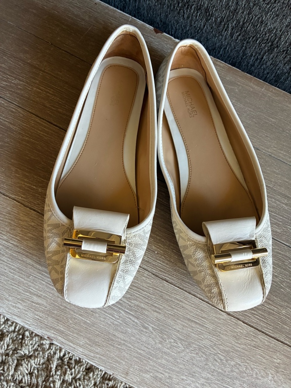 Michael Kors Cream Logo Ballet Flats with Gold Accent Buckle